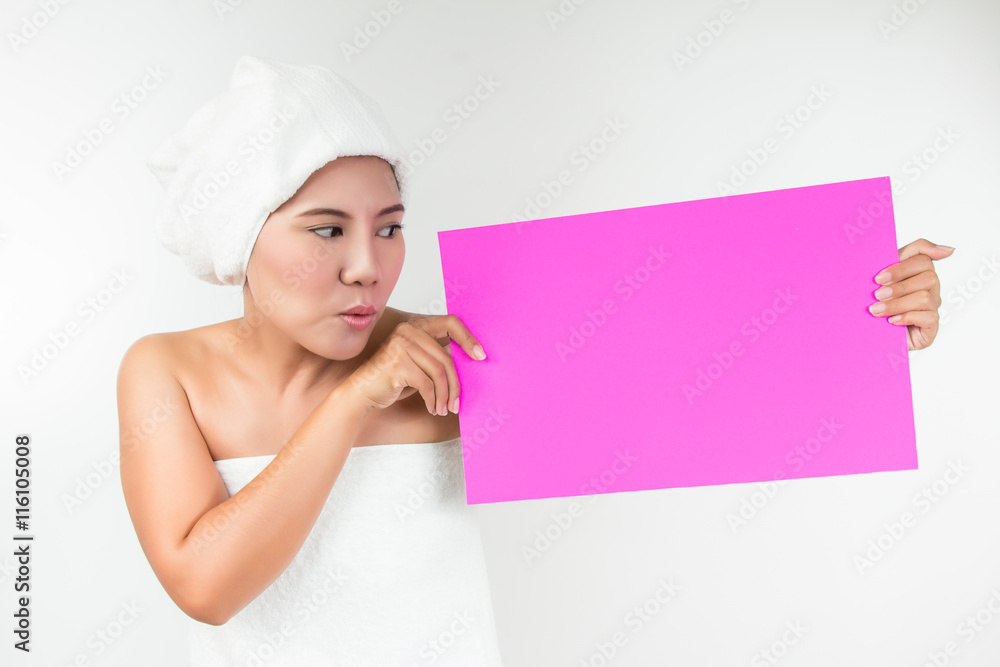 Spa woman. Asian woman showing blank card Spa woman. Asian woman showing blank card