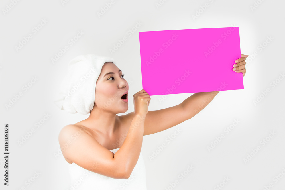 Spa woman. Asian woman showing blank card Spa woman. Asian woman showing blank card