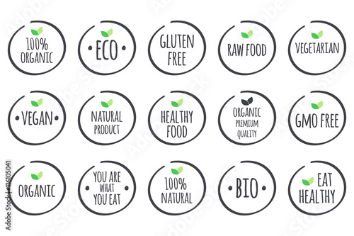 Vector symbols with leaves. 100% Organic, Eco, Gluten Free, Raw Food, Vegetarian, Vegan, Natural Product, Healthy Food, Premium Quality, Gmo Free, You are what you eat, Bio, Eat Healthy.
