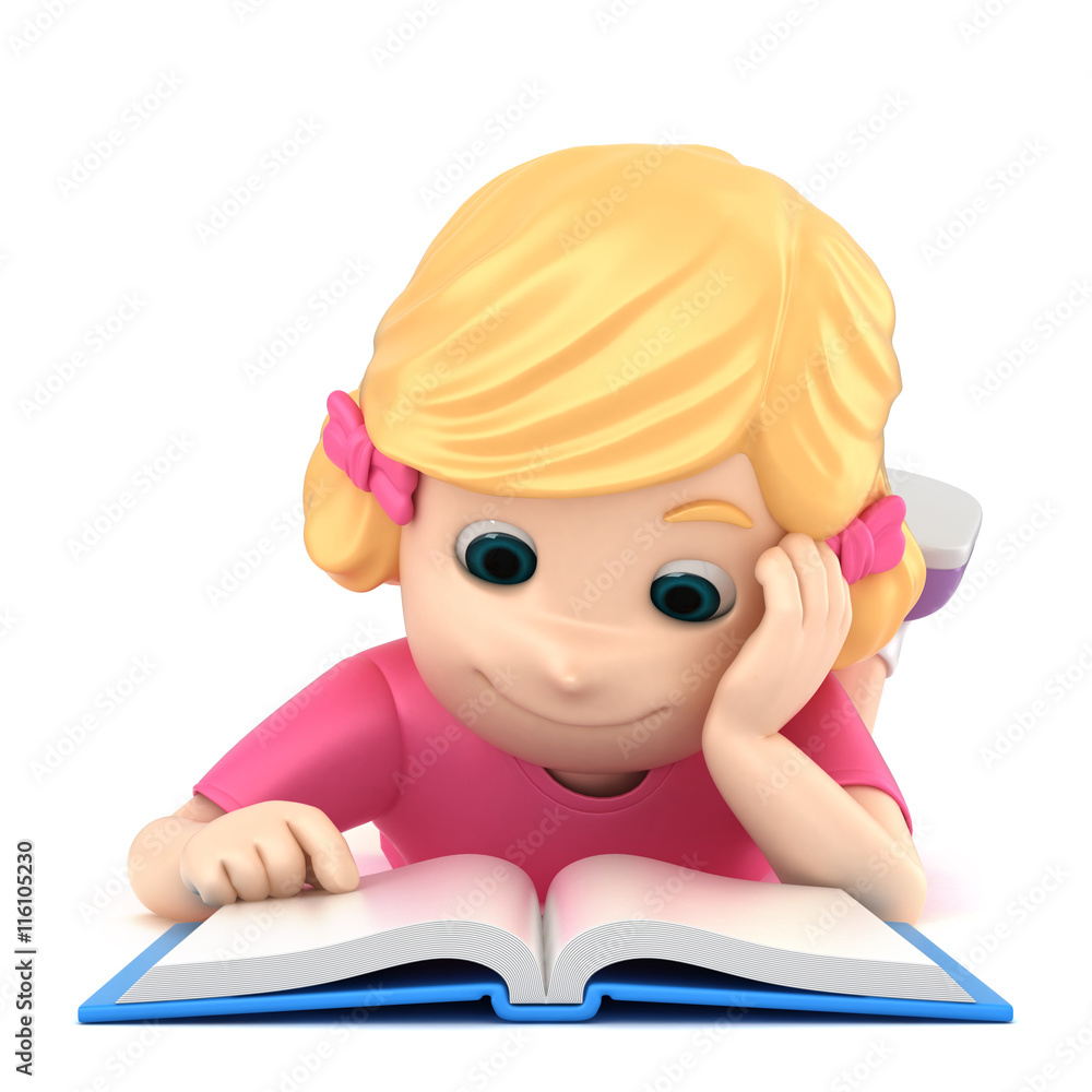 3d illustration of a girl reading while laying on the floor 3d illustration of a girl reading while laying on the floor