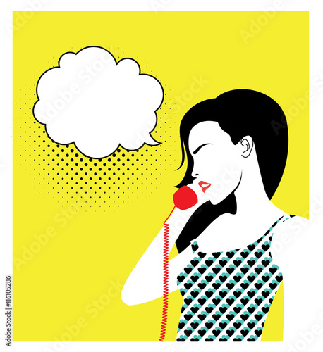 Pop art comics brunette girl talking by phone. Vector illustration