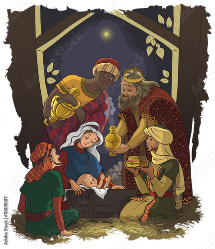 Nativity scene. Jesus, Mary, Joseph and the Three Kings - Three Wise Men in the manger