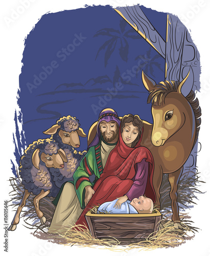 Christmas nativity scene with Holy Family. Bible story of the birth of Jesus