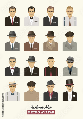 Avatars fashion retro men. Elegant men dressed vintage style