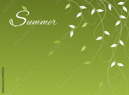 Light summer background with branches and falling leaves (wind is blowing). Copy space on left side for your text. Can be used in web page, card, brochure, advertisement, greetings card, postcard etc