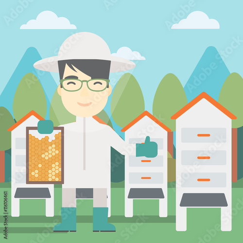 Bee-keeper at apiary vector illustration.
