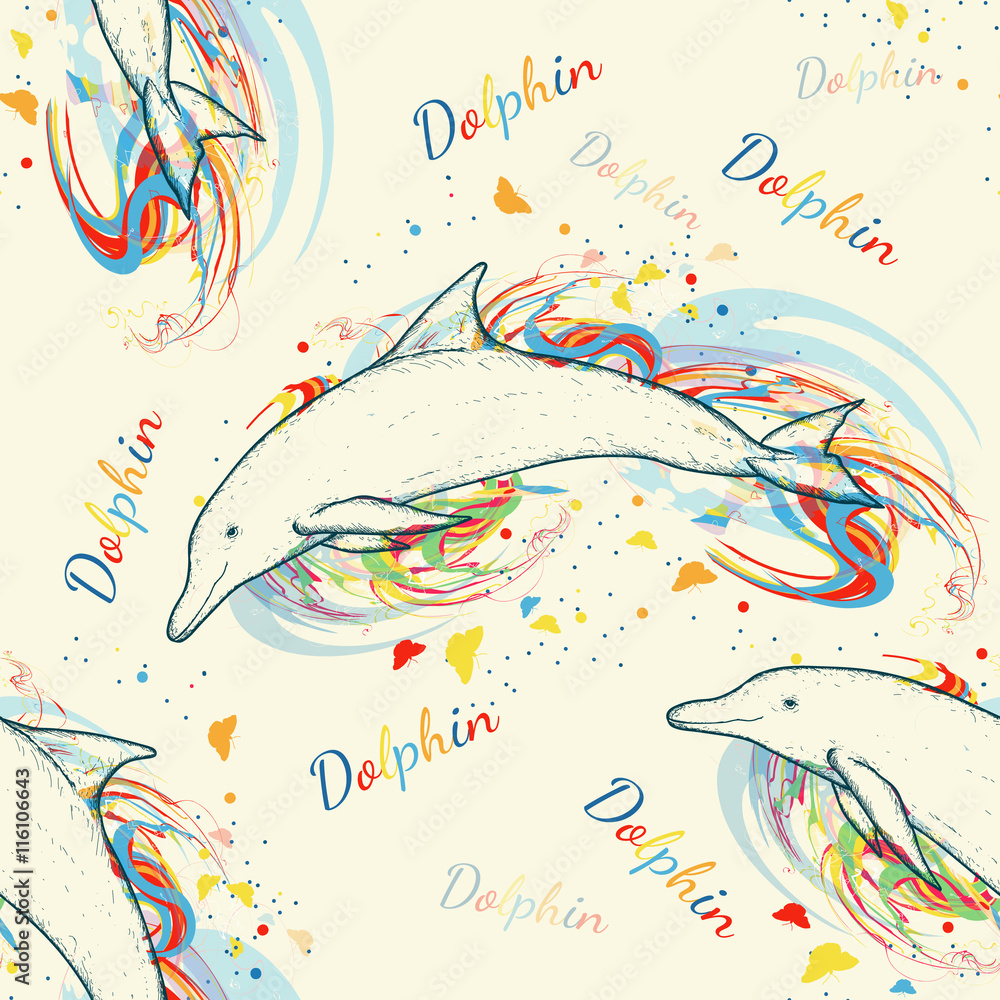 Naklejka premium Dolphins seamless pattern hand drawn vector
