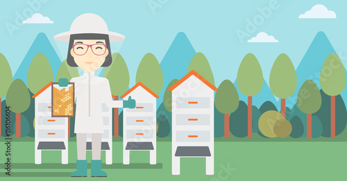 Female bee-keeper at apiary vector illustration.