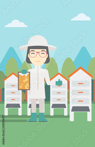 Female bee-keeper at apiary vector illustration.