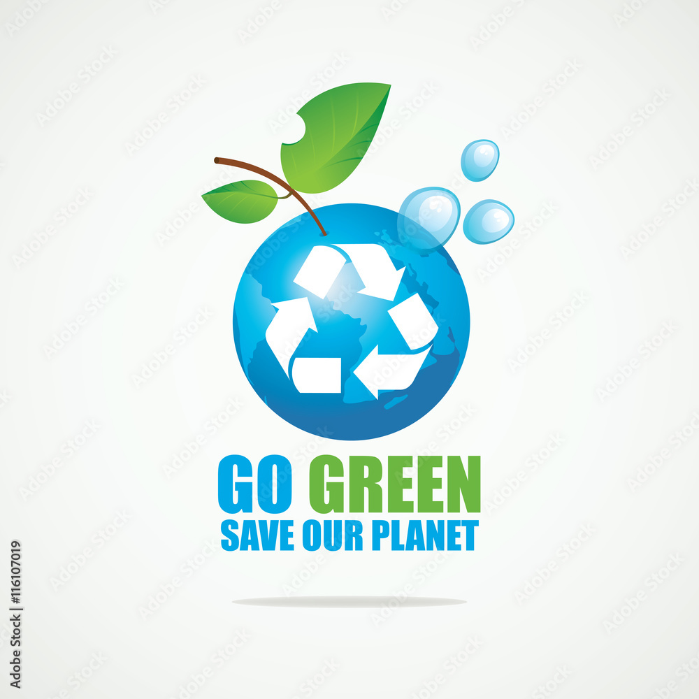 Planet Earth in the spray of clean water with Recycling sign and the inscription Go Green Planet Earth in the spray of clean water with Recycling sign and the inscription Go Green