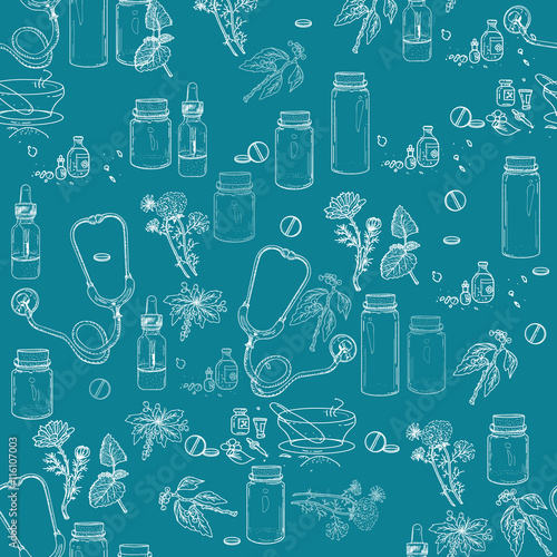 Herbal medicine seamless pattern hand drawn elements
