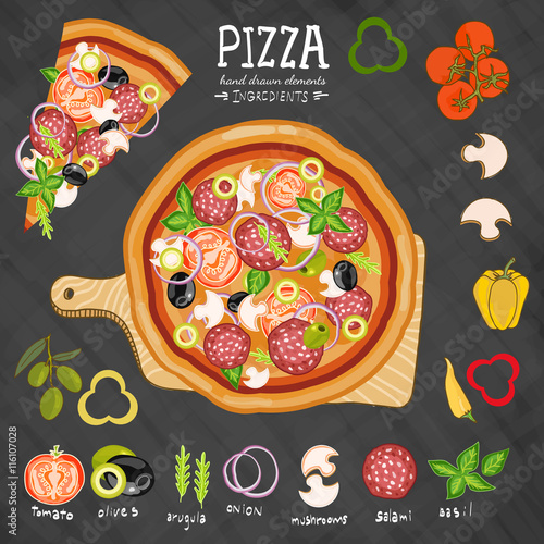 Pizza on a cutting board ingredients for pizza on a blackboard