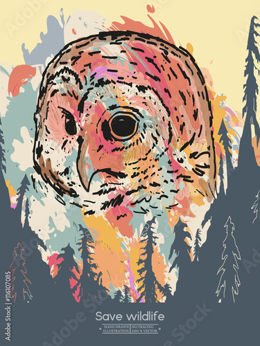 Owl in the forest save wildlife vintage poster vector