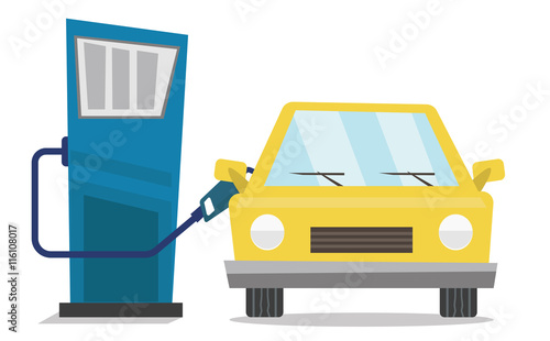 Car at gas station being filled with fuel.