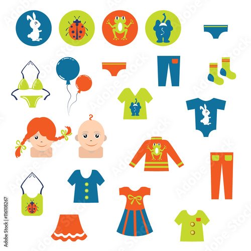 Set of modern children s clothes icon. Dress children. Vector.