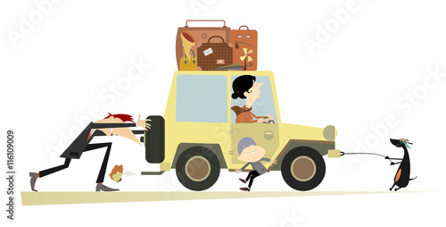 Friendly family and a broken car. Father, sun and dog push the broken car with mother in it 
