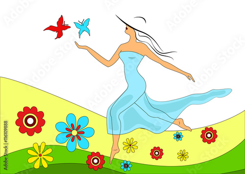 girl runs across a meadow