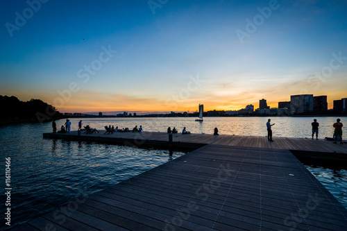 Dock at sunset at the Charles River Esplanade  in Boston  Massac