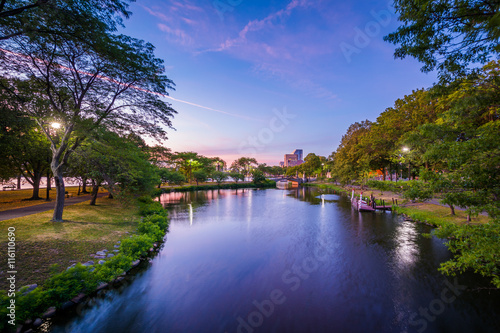 The Storrow Lagoon at sunset at the Charles River Esplanade, in