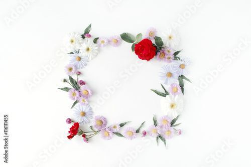 round frame wreath pattern with roses  pink flower buds  branches and leaves isolated on white background. flat lay  top view