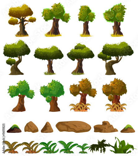 Cartoon nature landscape elements set, trees, stones and grass clip art, isolated on white background