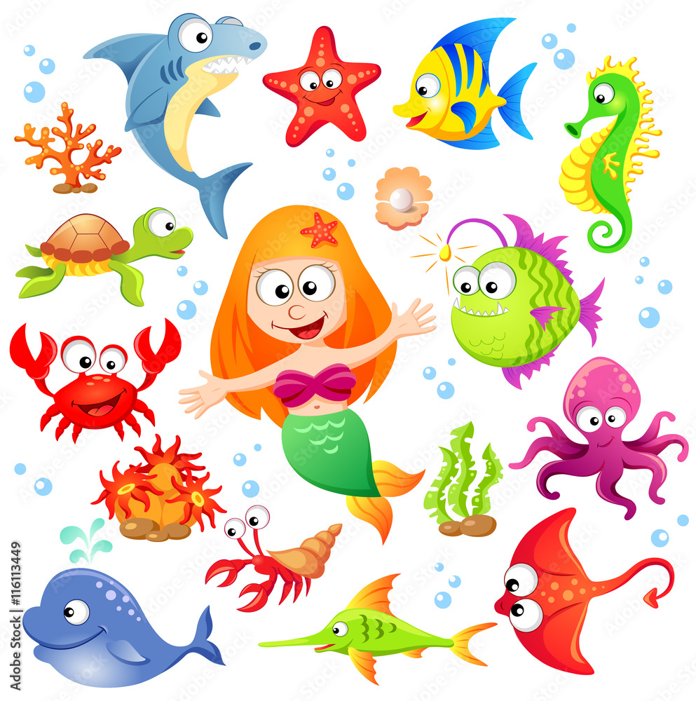 Big set of cute cartoon sea animals and mermaid Big set of cute cartoon sea animals and mermaid
