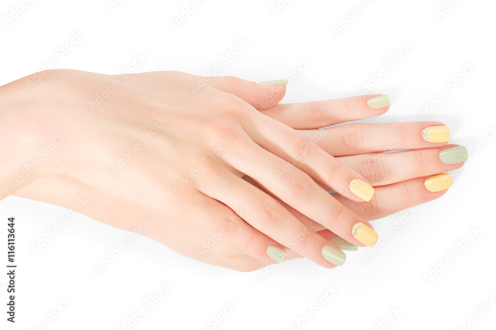 Shellac manicure and rhinestones. On white with clipping path Shellac manicure and rhinestones. On white with clipping path