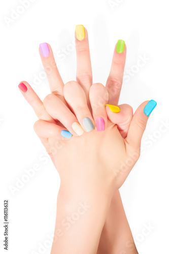 Hands with colored fingernails. Isolated on white with clipping