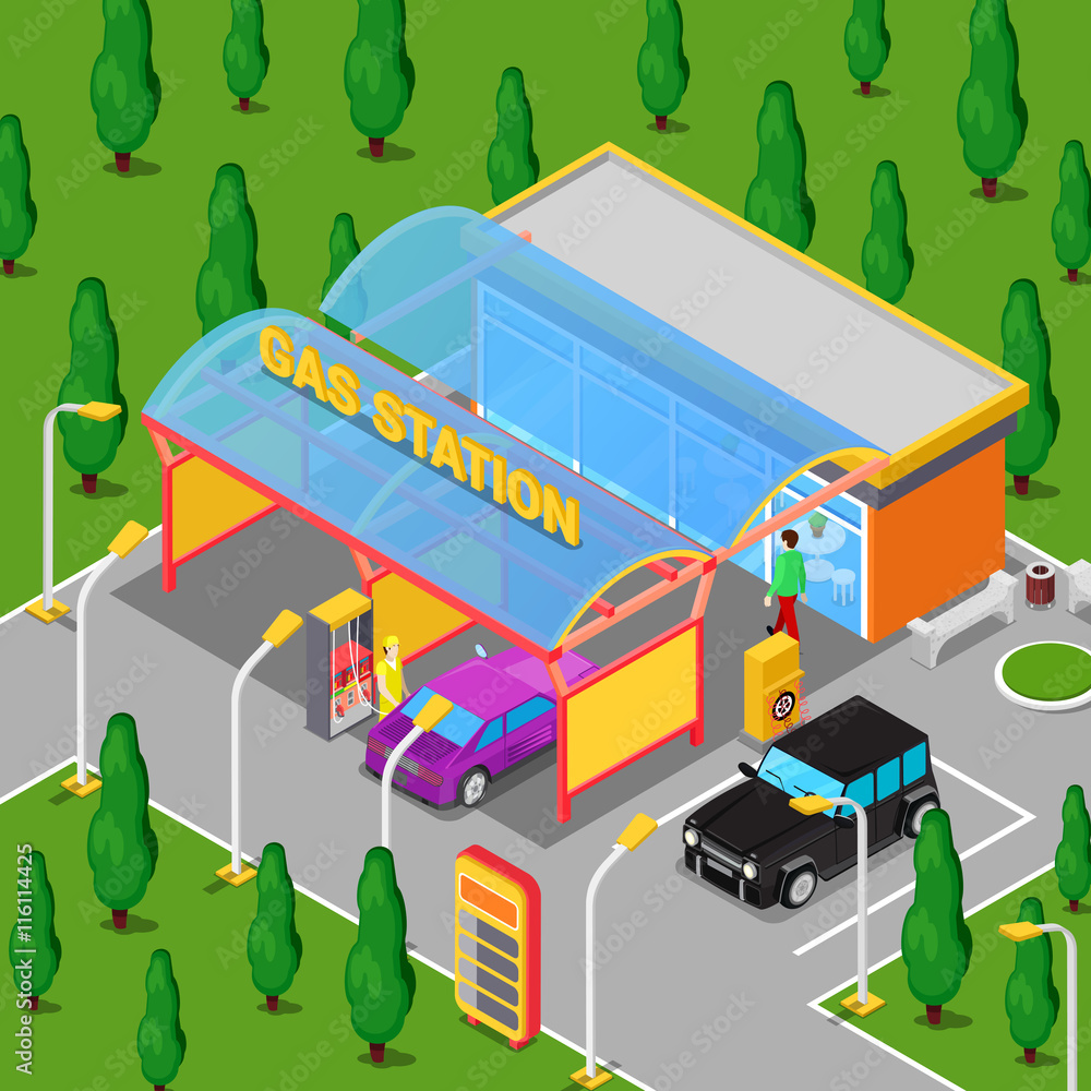 Isometric Gas Station with Cars, Serviceman and Driver. Vector illustration Isometric Gas Station with Cars, Serviceman and Driver. Vector illustration