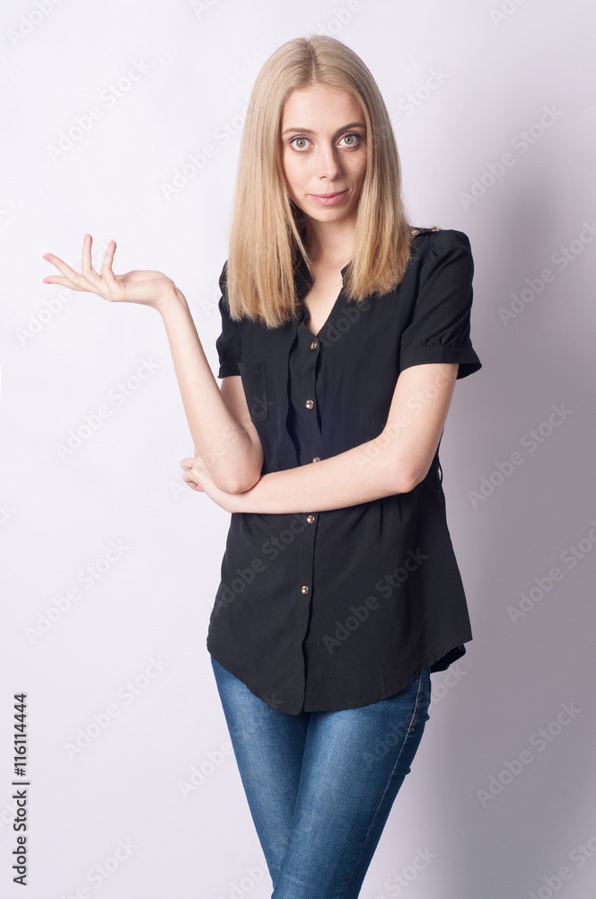 The girl's pointing hand gesture on white background The girl's pointing hand gesture on white background
