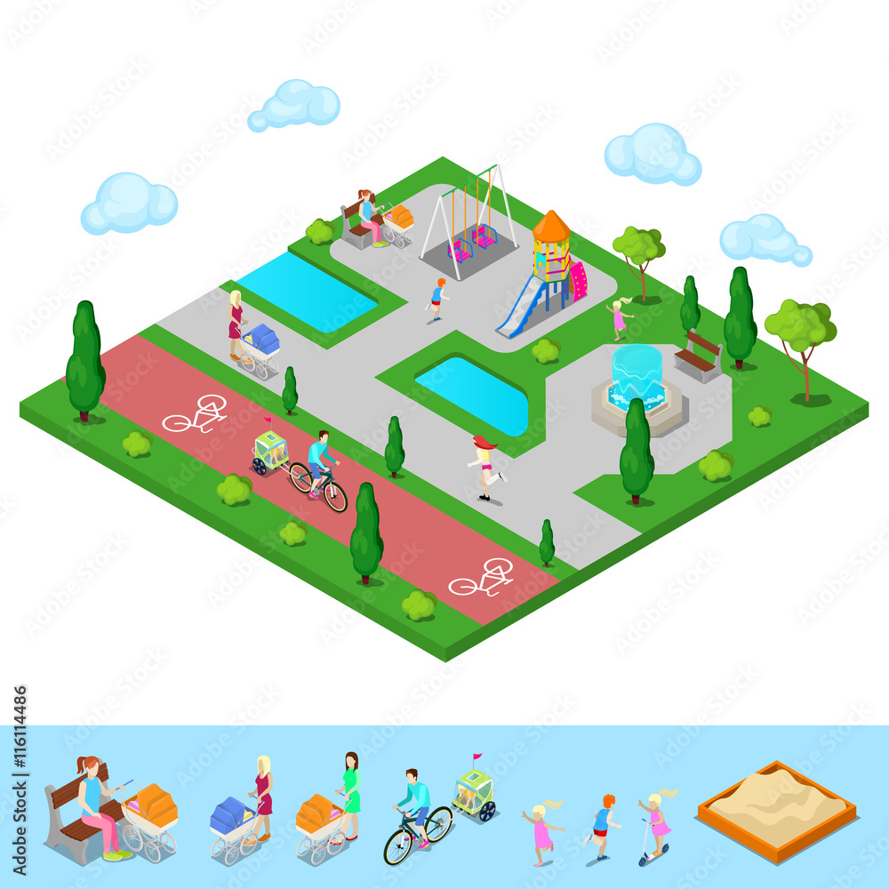 Isometric Children Playground in the Park with People, Sweengs, Slide and Fountain. Vector illustration