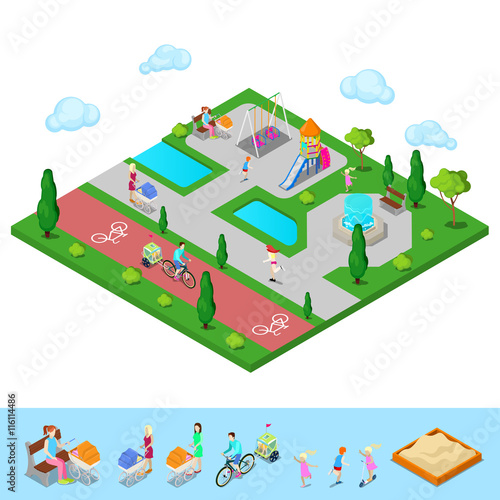 Fototapeta Naklejka Na Ścianę i Meble -  Isometric Children Playground in the Park with People, Sweengs, Slide and Fountain. Vector illustration