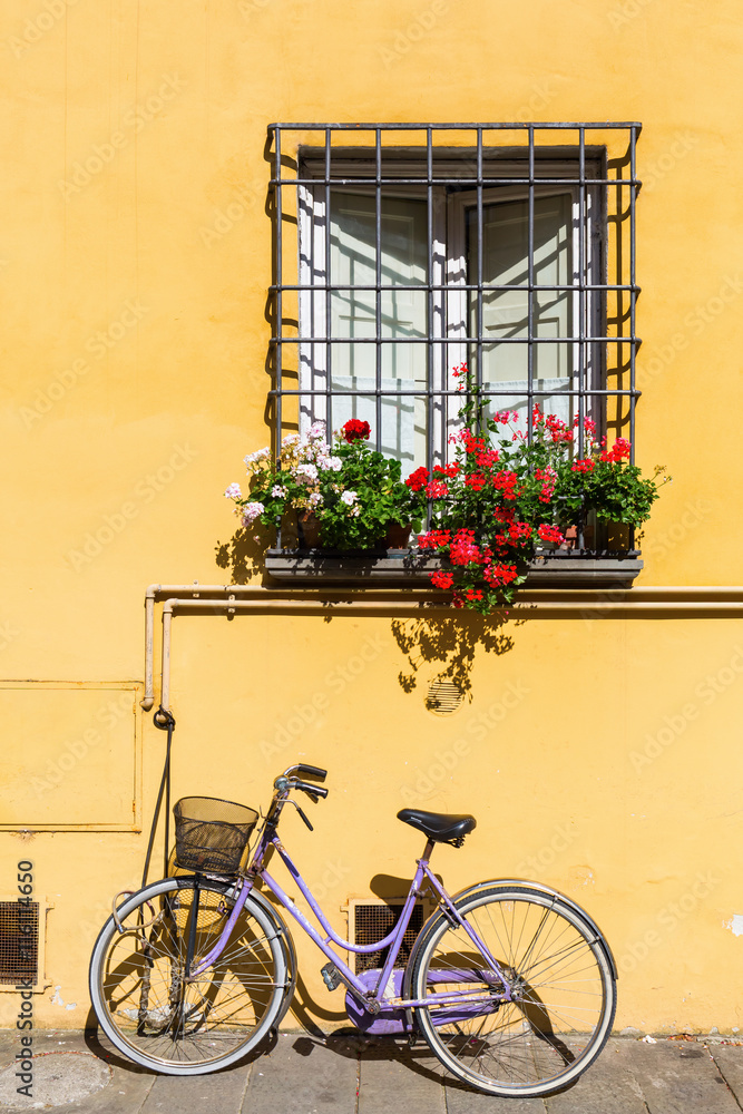 window of a mediterranean house with bicycle