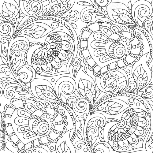 Seamless pattern with hearts ornament. Floral decorative pattern in zentangle style. Adult antistress coloring page. Black and white hand drawn doodle for coloring book