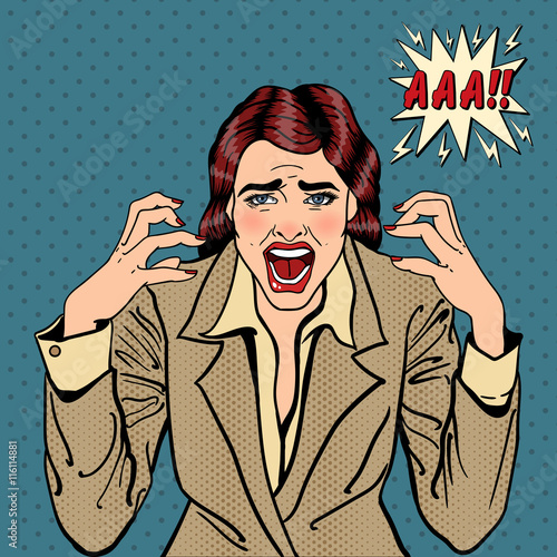 Frustrated Stressed Business Woman Screaming. Pop Art. Vector illustration