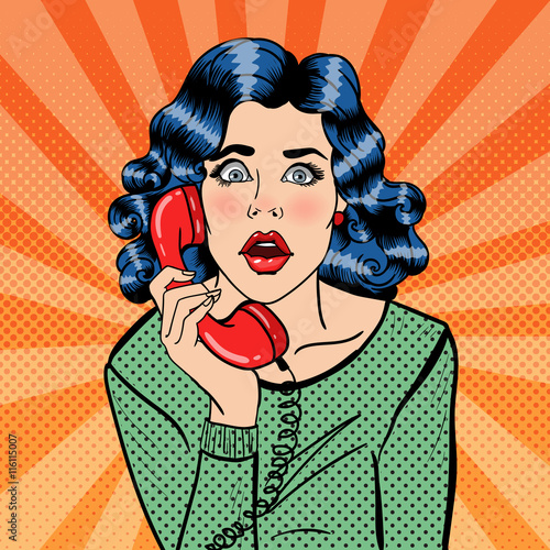 Shocked Young Woman Talking on the Phone. Pop Art. Vector illustration