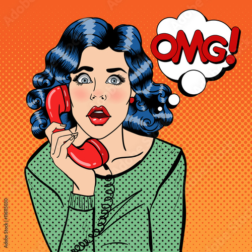 Shocked Young Woman Talking on the Phone. Pop Art. Vector illustration