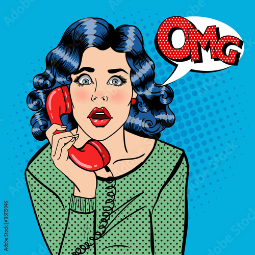 Shocked Young Woman Talking on the Phone. Pop Art. Vector illustration