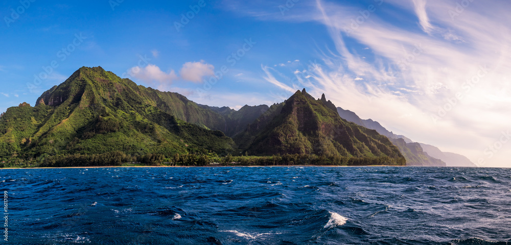Panoramic view of Na Pali coast from the ocean, Kauai Panoramic view of Na Pali coast from the ocean, Kauai