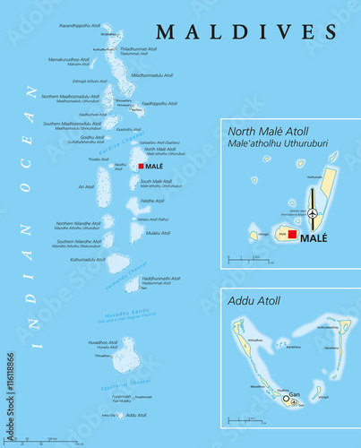 Maldives political map with capital Male on Kings Island and important towns. Republic and island country in the Indian Ocean. A chain of twenty six atolls. English labeling. Detailed Illustration. photo