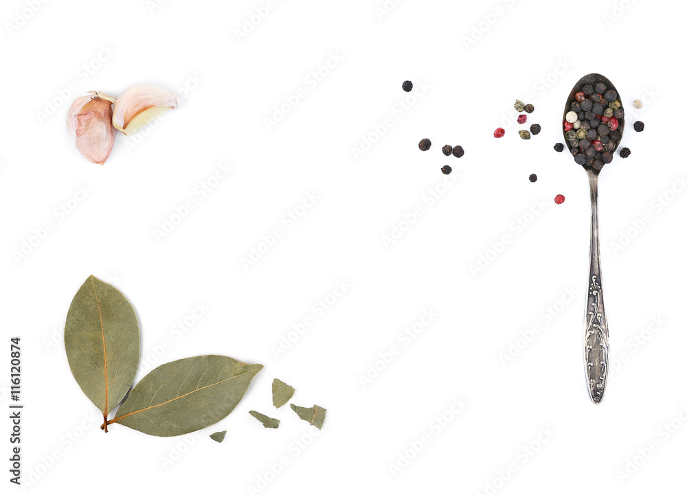 Composition of different spices on light background - obrazy, fototapety, plakaty 