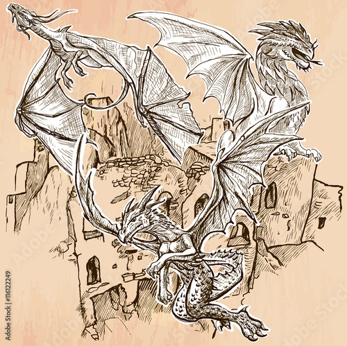 DRAGONS flying upon the old Castle, Ruins. Freehand sketching, line drawing. An hand drawn vector illustration. Colored background is isolated. Line drawing technique. Vector is easy editable.