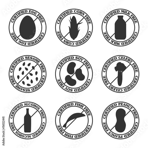 Vector food allergen icons set. Allergy related information stamps collection. Fully editable food intolerance symbols for packaging, information materials and your other projects.