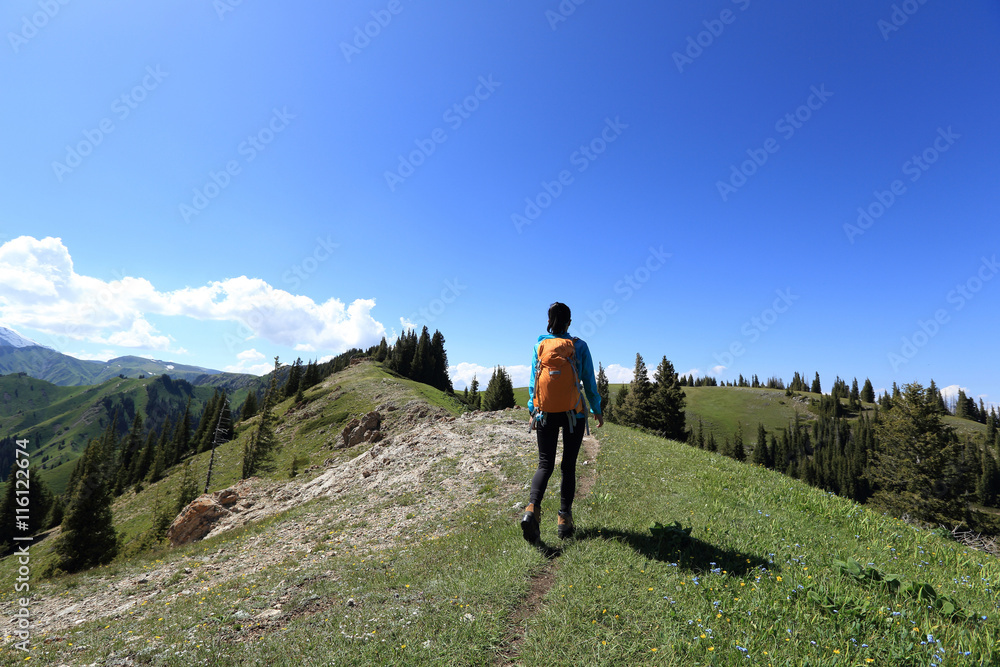 young woman backpacker hiking on beautiful mountain peak trail