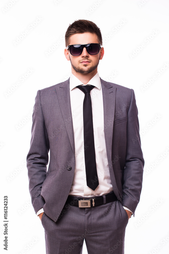 Young businessman in glasses over white background
