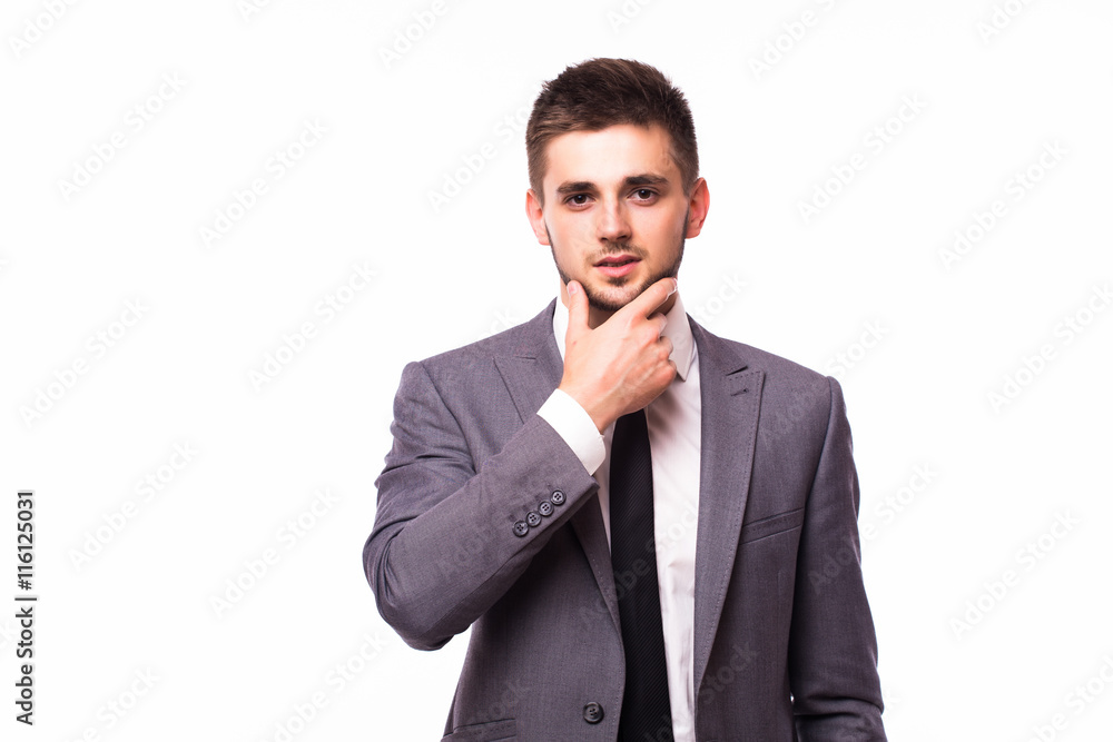 Portrait of a pensive businessman touching his chin over white background Portrait of a pensive businessman touching his chin over white background