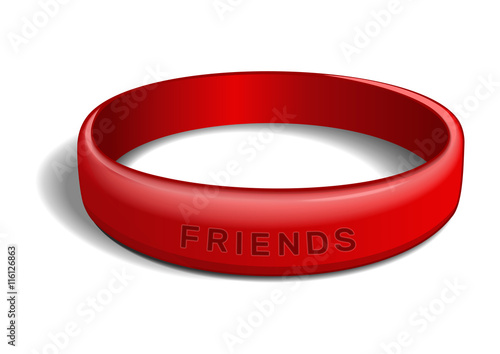 Red plastic wristband with the inscription - FRIENDS. Friendship band isolated on white background. Realistic vector illustration for International Friendship Day