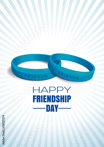 Blue wristbands with text Friends on blue retro background on occasion of Happy Friendship Day celebrations. Greeting card for International Friendship Day. Vector illustration