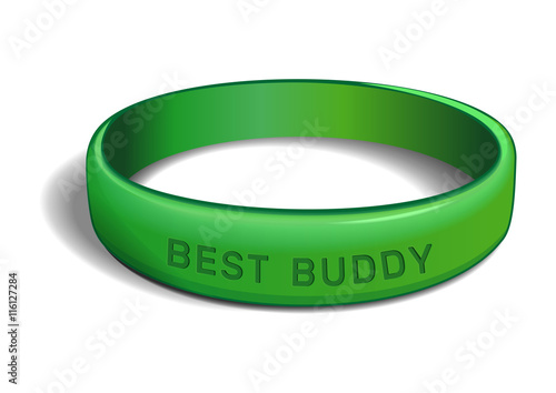 Green plastic wristband with the inscription - BEST BUDDY. Friendship band isolated on white background. Realistic vector illustration for International Friendship Day