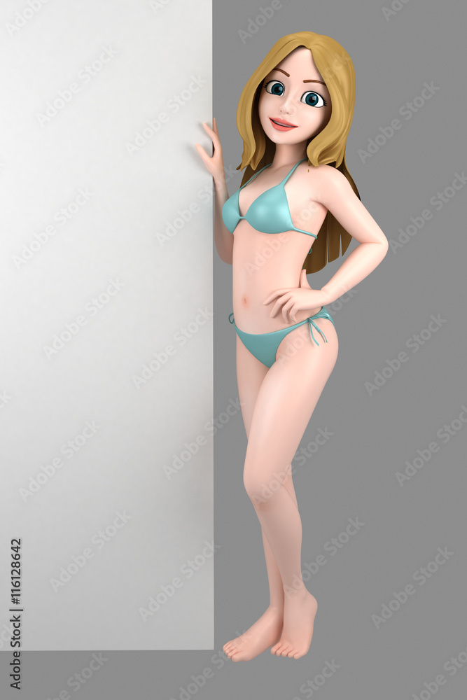 3d illustration of a sexy girl in swimsuit or bikini with blank board Stock  Illustration | Adobe Stock